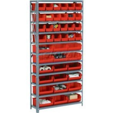 GLOBAL EQUIPMENT Steel Open Shelving with 42 Red Plastic Stacking Bins 11 Shelves - 36x12x73 603251RD